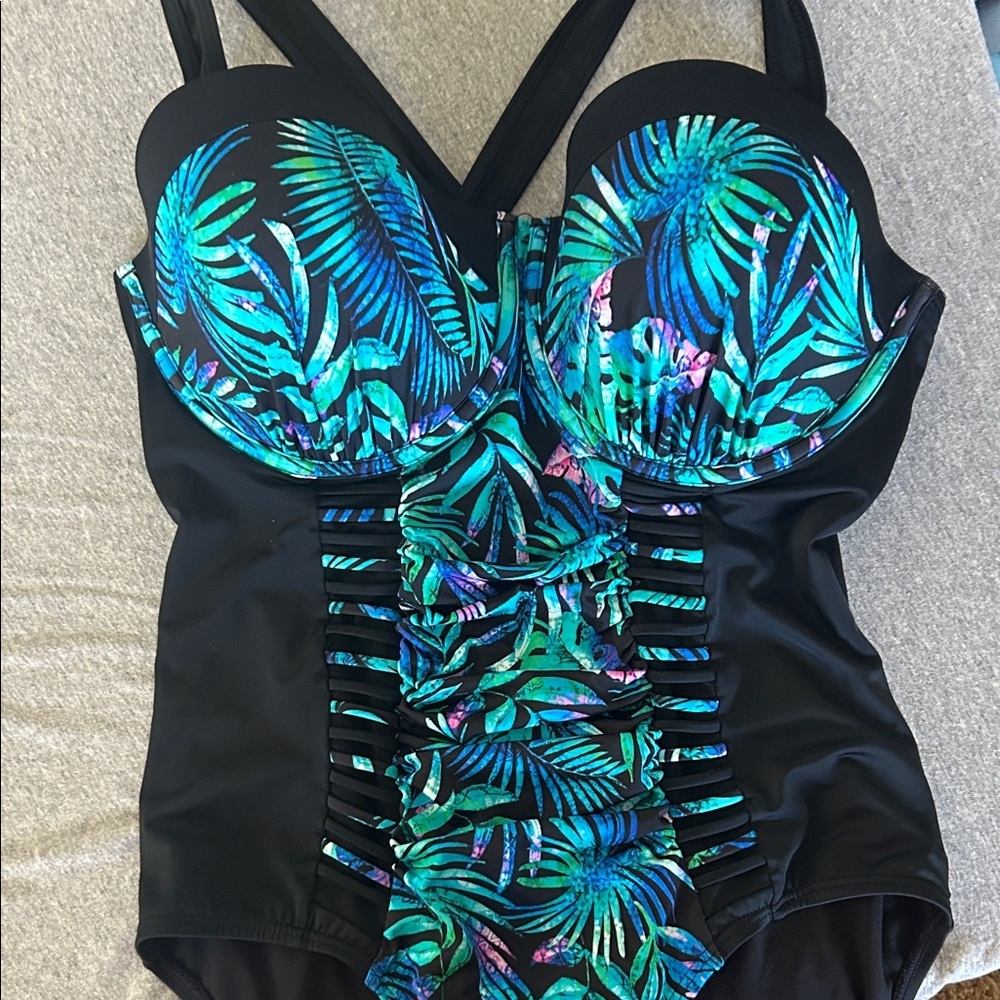 Black and Blue Leaf Print One-Piece Swimsuit - Picture 2 of 3